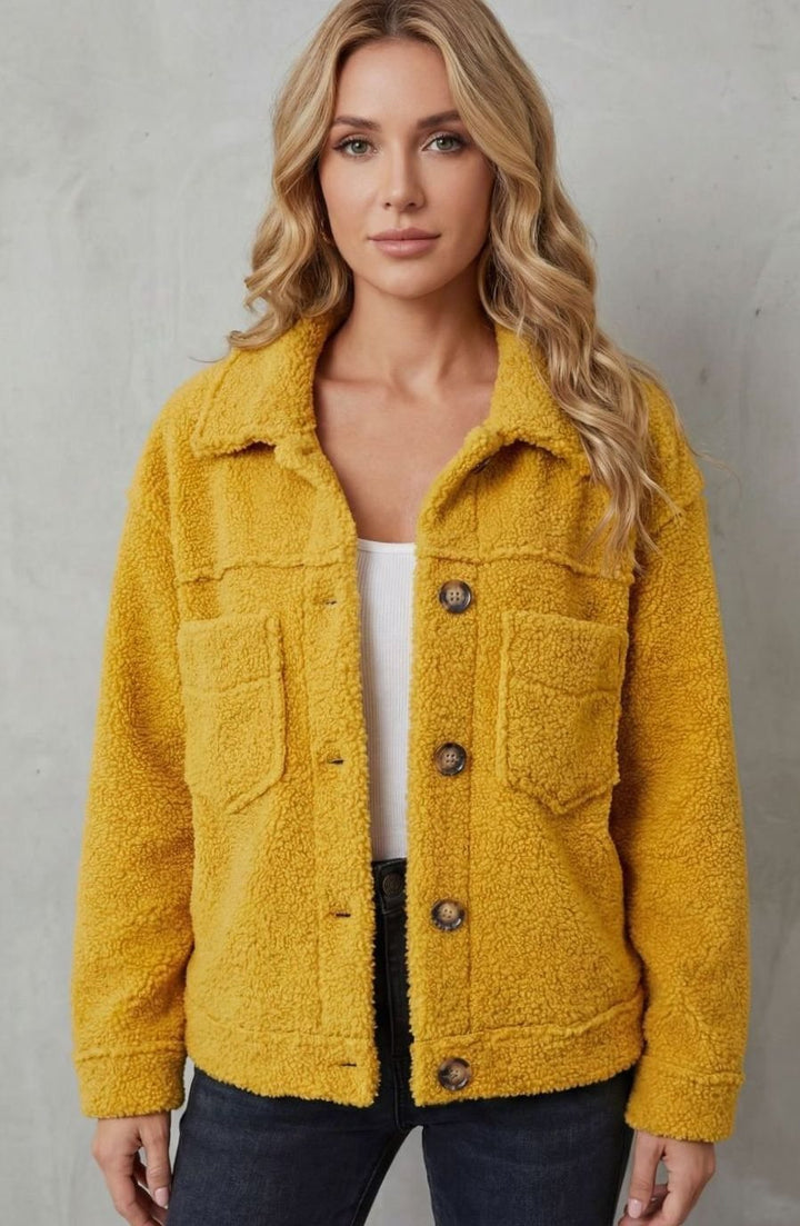 Women's Sherpa Fleece Button-Up Jacket with Chest Pockets