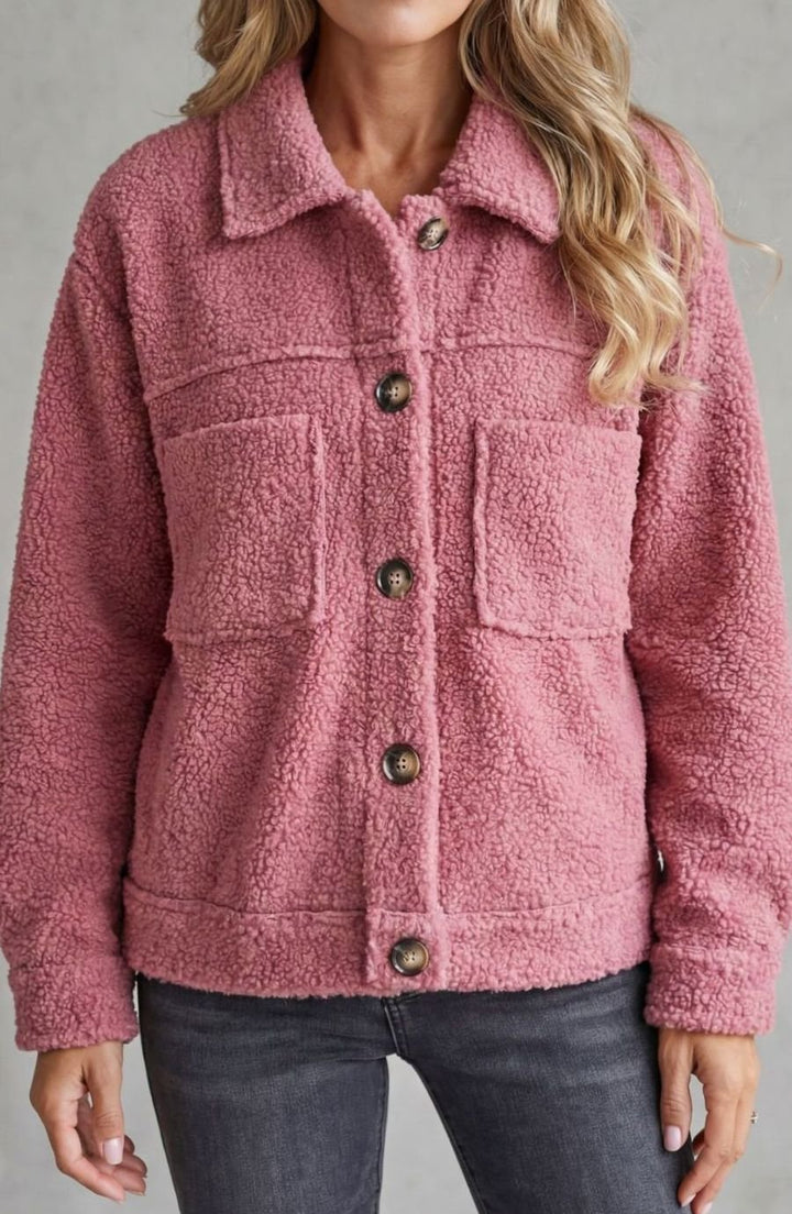 Women's Sherpa Fleece Button-Up Jacket with Chest Pockets - Pink