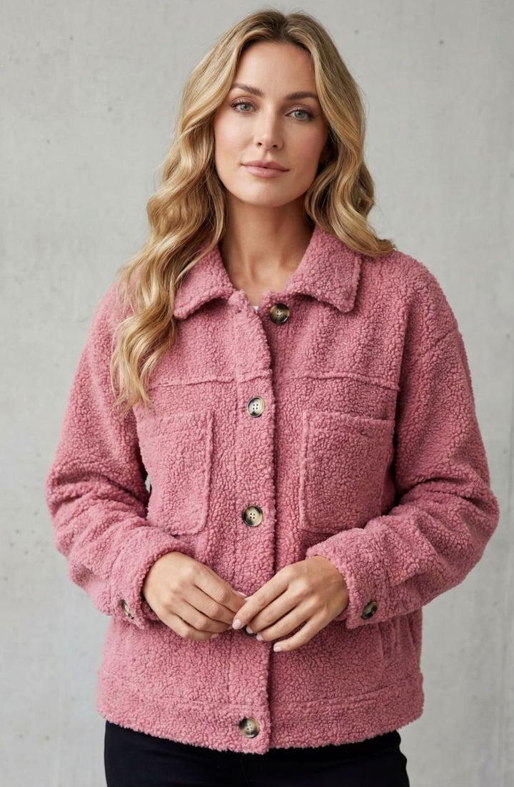 Women's Sherpa Fleece Button-Up Jacket with Chest Pockets