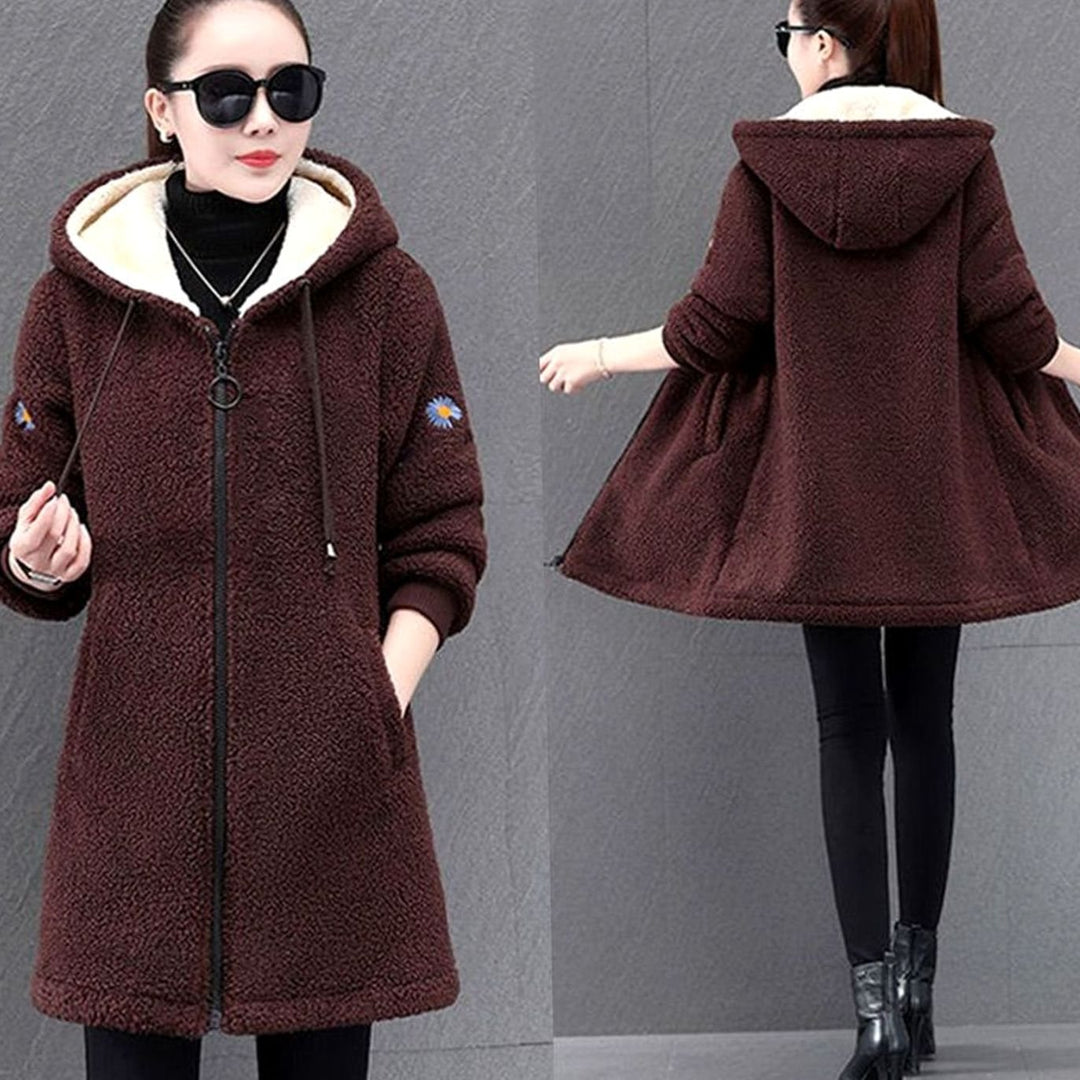 Women's Sherpa-Lined Hooded Zip-Up Long Fleece Coat - Dark Red