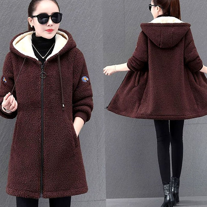 Women's Sherpa-Lined Hooded Zip-Up Long Fleece Coat - Dark Red
