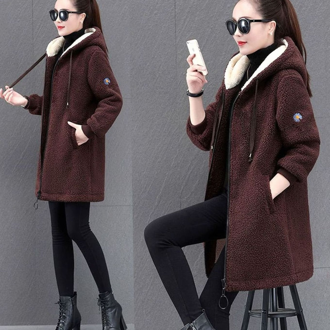 Women's Sherpa-Lined Hooded Zip-Up Long Fleece Coat