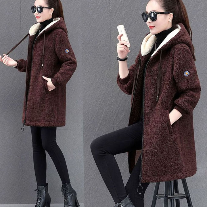 Women's Sherpa-Lined Hooded Zip-Up Long Fleece Coat