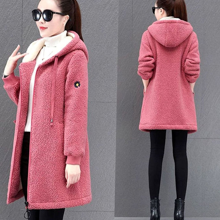 Women's Sherpa-Lined Hooded Zip-Up Long Fleece Coat - Pink