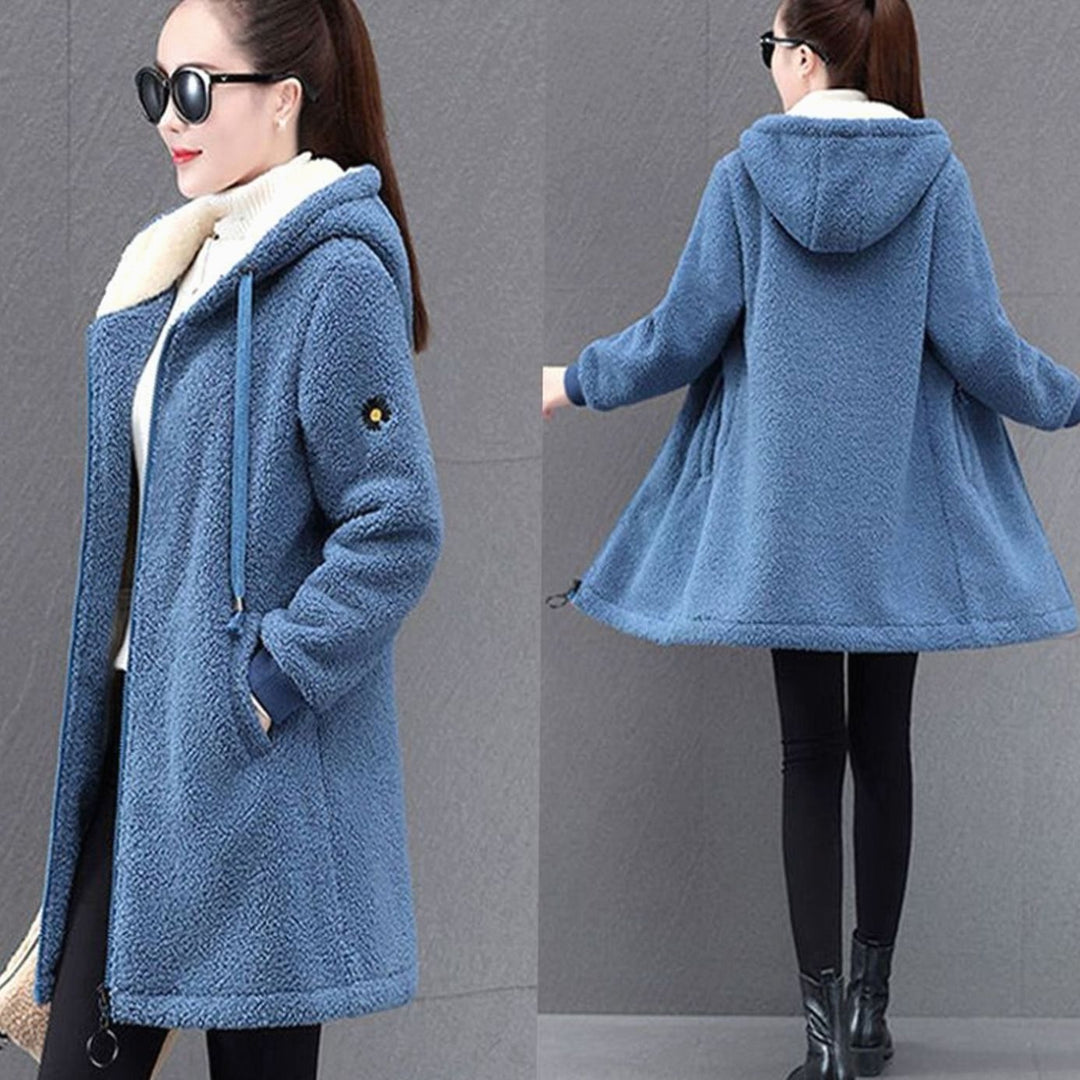 Women's Sherpa-Lined Hooded Zip-Up Long Fleece Coat - Blue