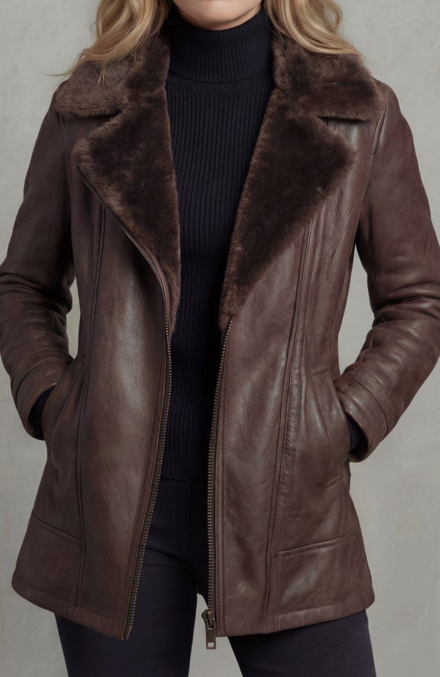 Women's Sherpa Lined Leather Jacket Shearling Collar Zip-Up Coat - Brown