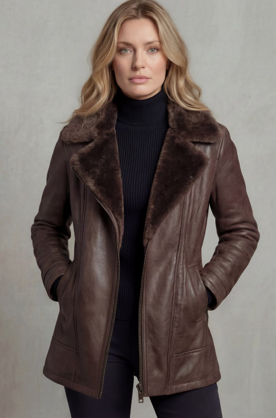 Women's Sherpa Lined Leather Jacket Shearling Collar Zip-Up Coat