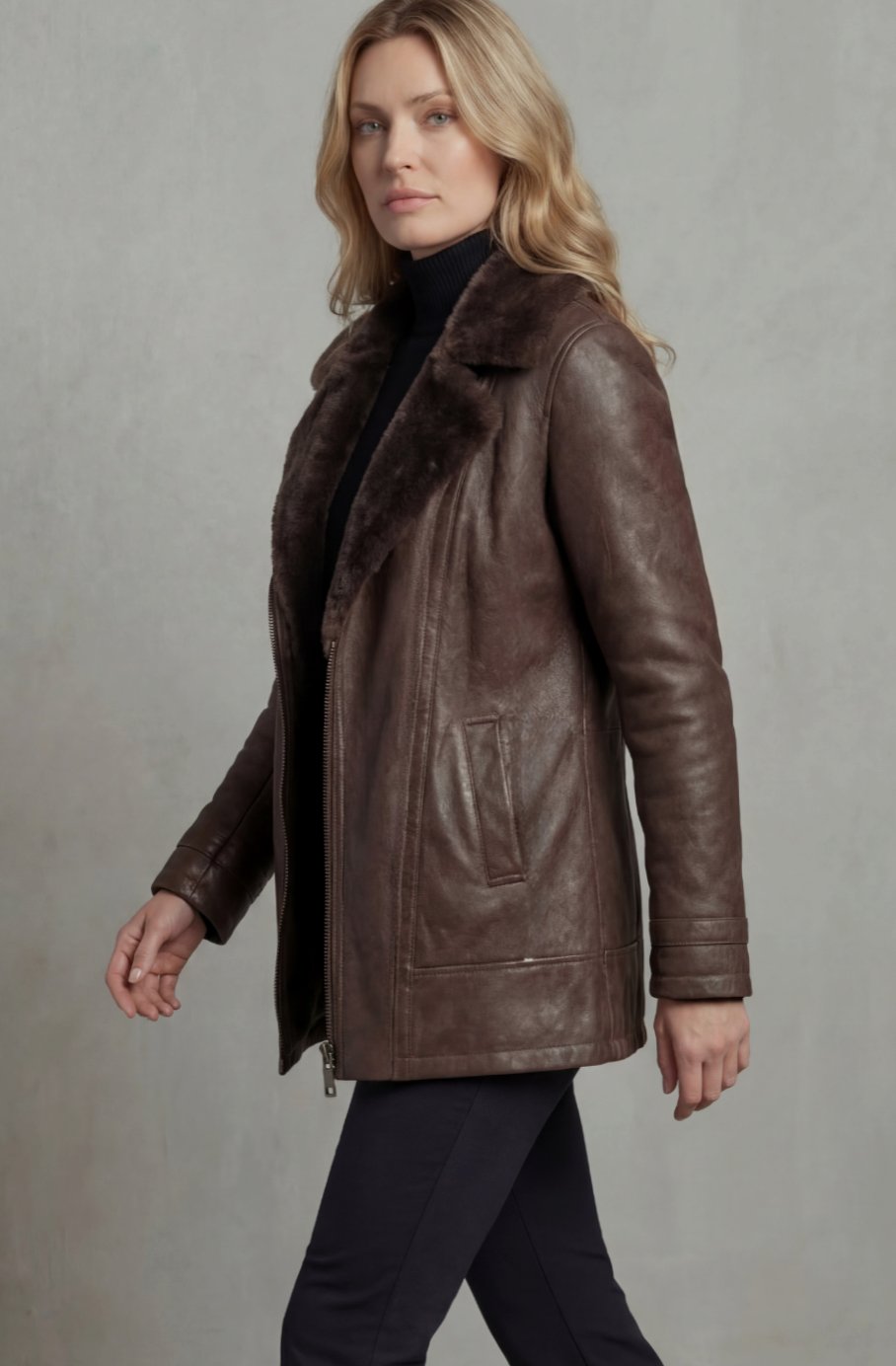Women's Sherpa Lined Leather Jacket Shearling Collar Zip-Up Coat