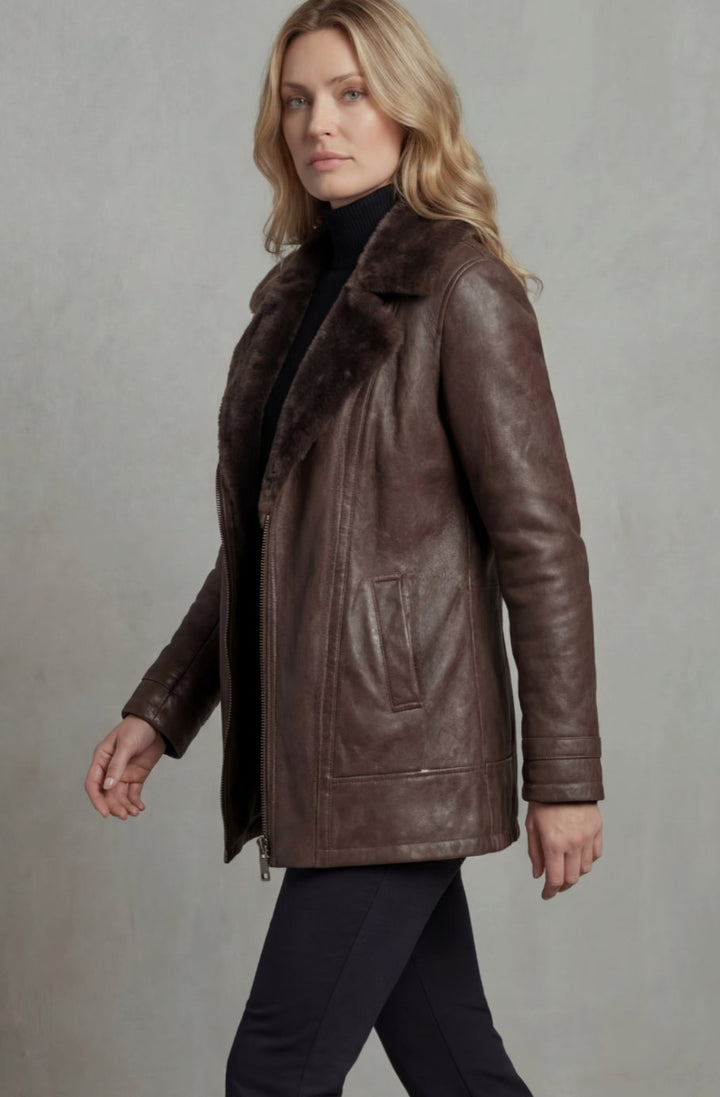 Women's Sherpa Lined Leather Jacket Shearling Collar Zip-Up Coat