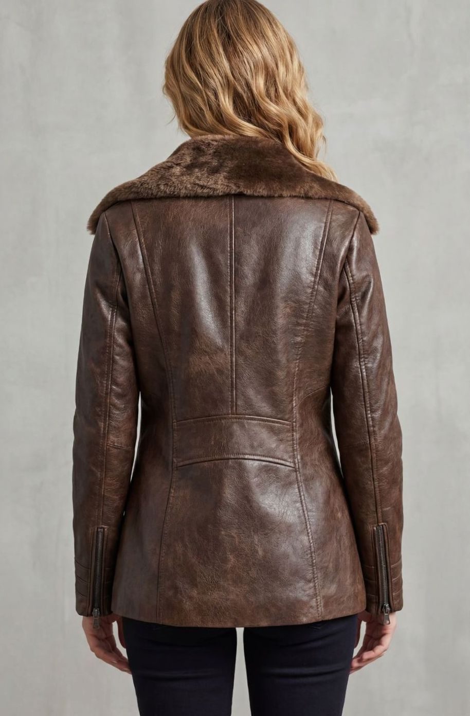 Women's Sherpa Lined Leather Jacket Shearling Collar Zip-Up Coat