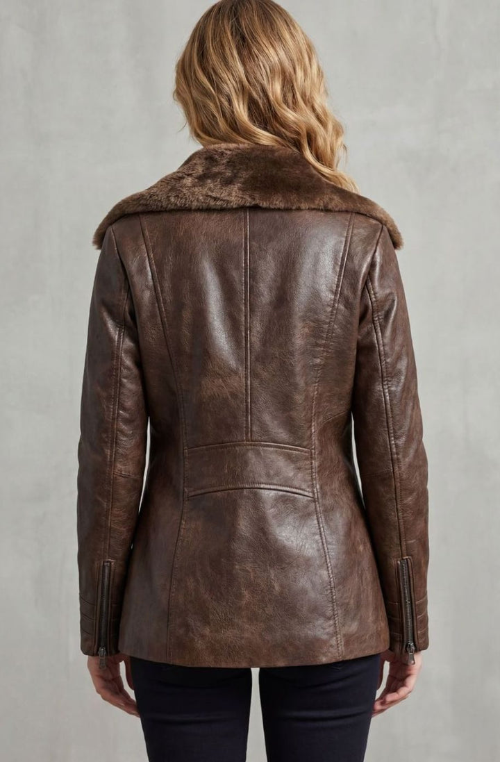 Women's Sherpa Lined Leather Jacket Shearling Collar Zip-Up Coat