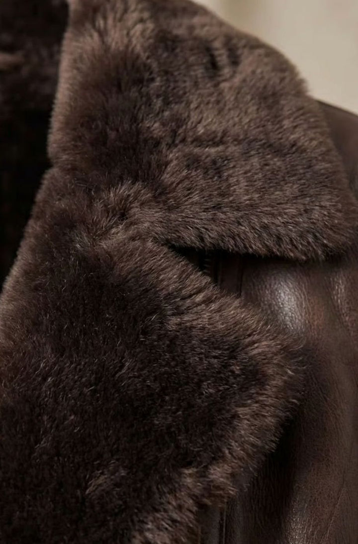 Women's Sherpa Lined Leather Jacket Shearling Collar Zip-Up Coat