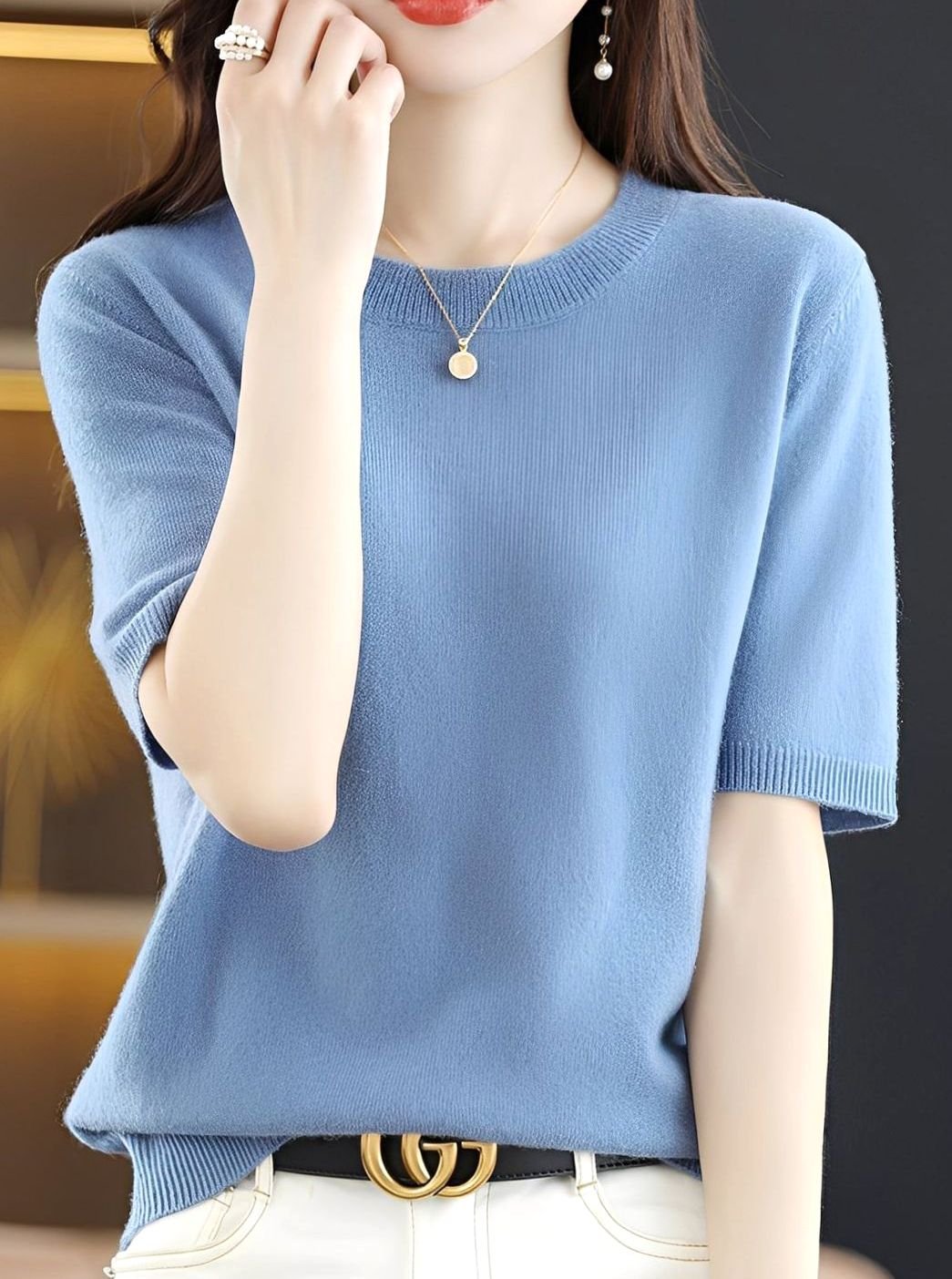 Women's Short-Sleeve Crewneck Knit Sweater - Blue