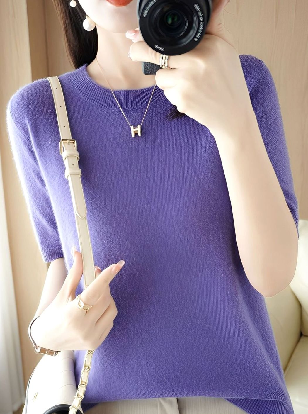 Women's Short-Sleeve Crewneck Knit Sweater - Lavender
