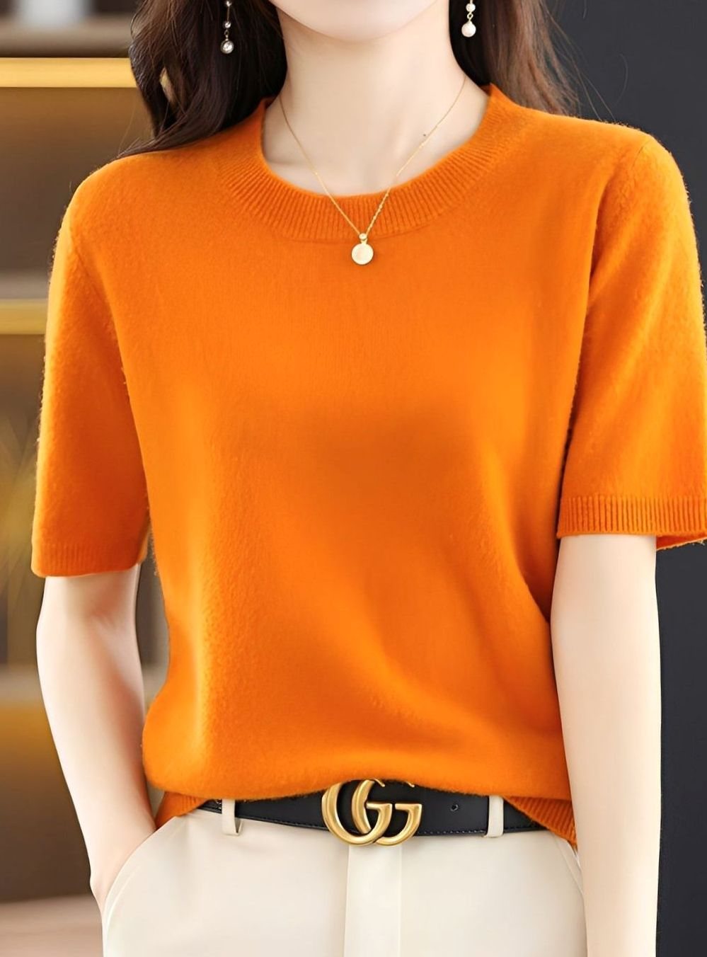 Women's Short-Sleeve Crewneck Knit Sweater - Orange