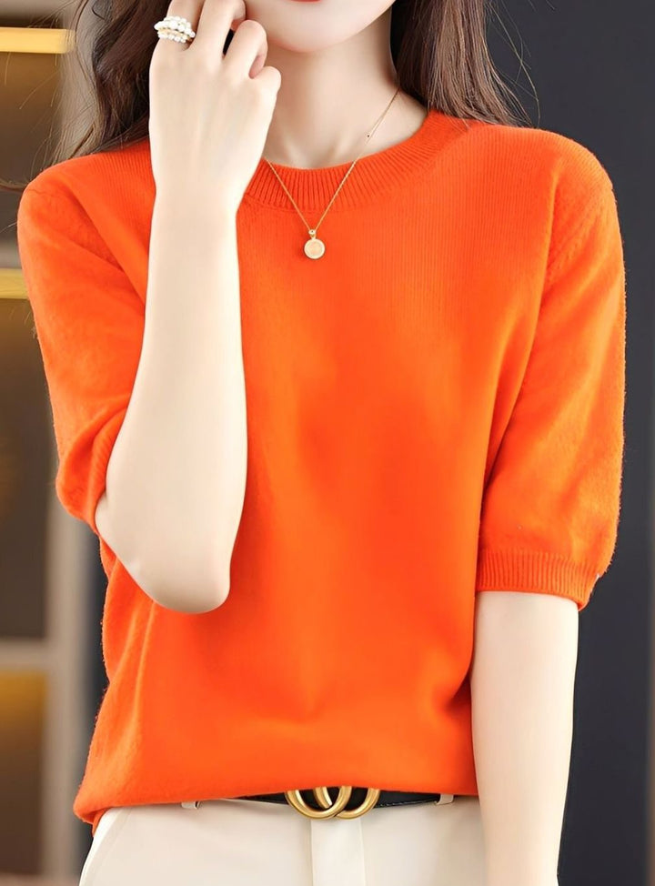 Women's Short-Sleeve Crewneck Knit Sweater - Light Orange