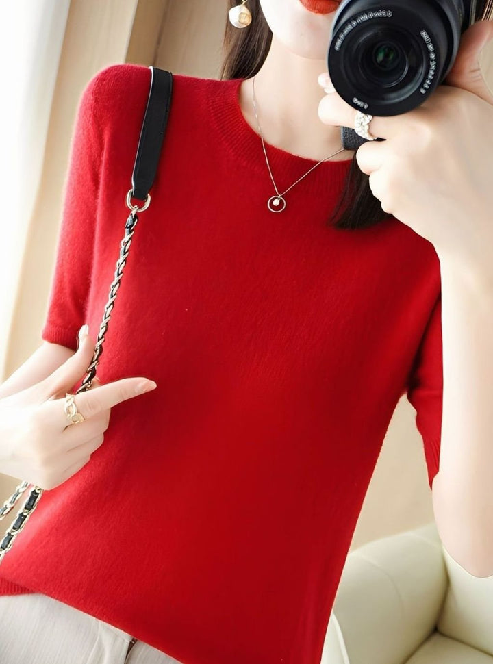 Women's Short-Sleeve Crewneck Knit Sweater - Red