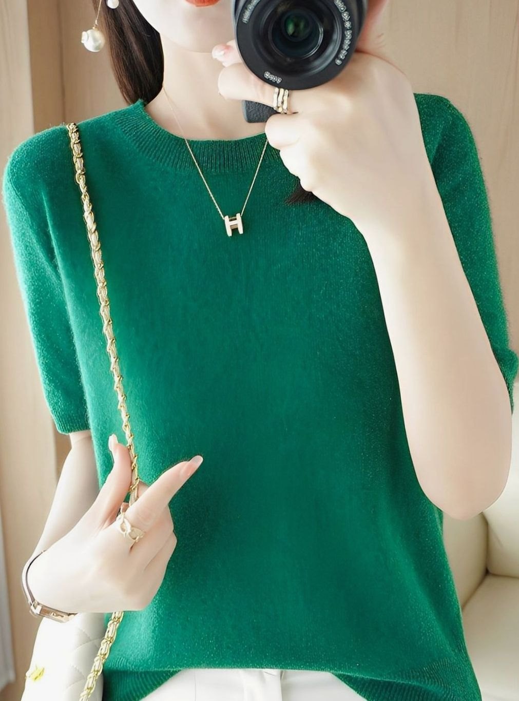 Women's Short-Sleeve Crewneck Knit Sweater - Green