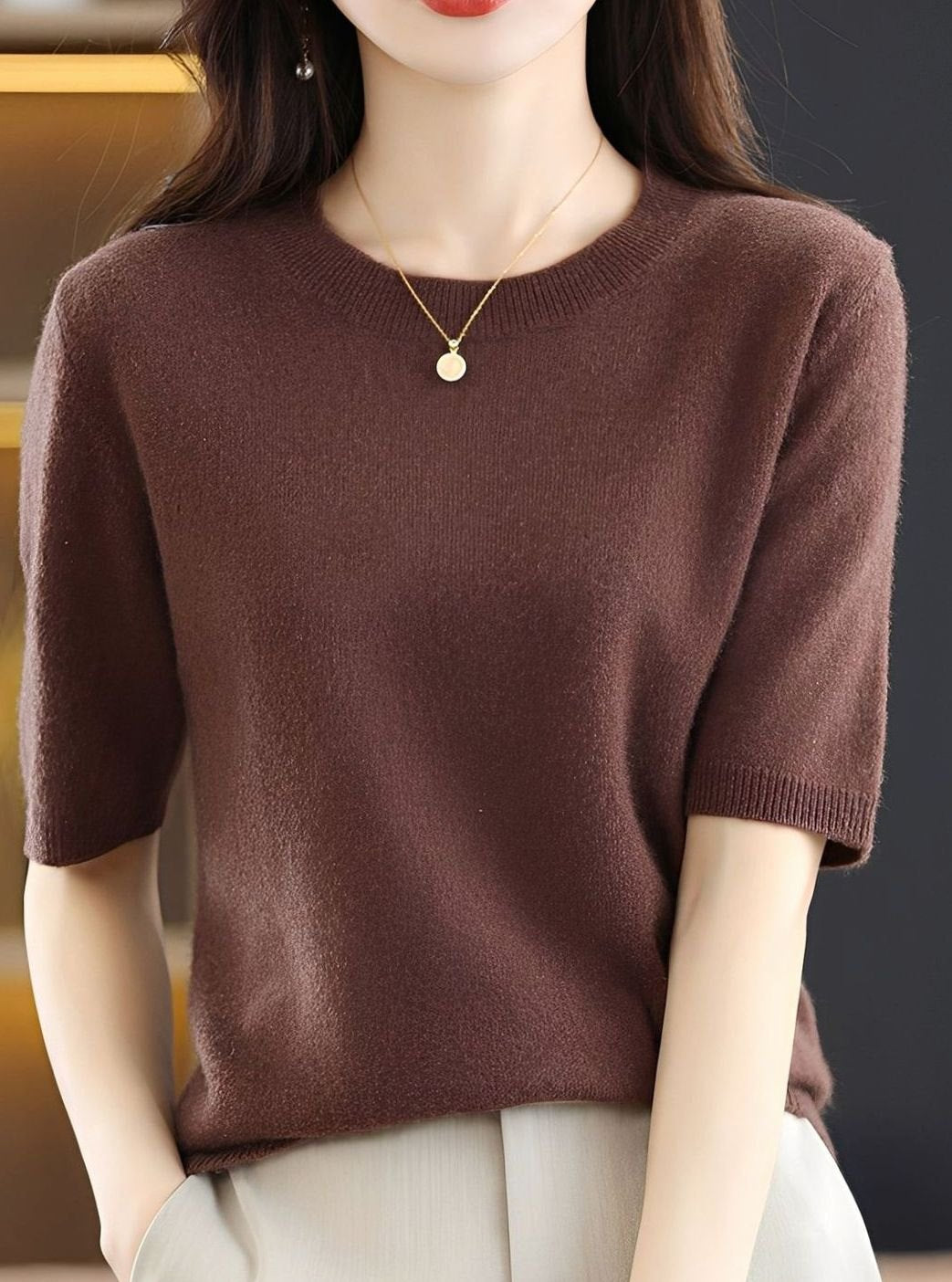 Women's Short-Sleeve Crewneck Knit Sweater - Brown