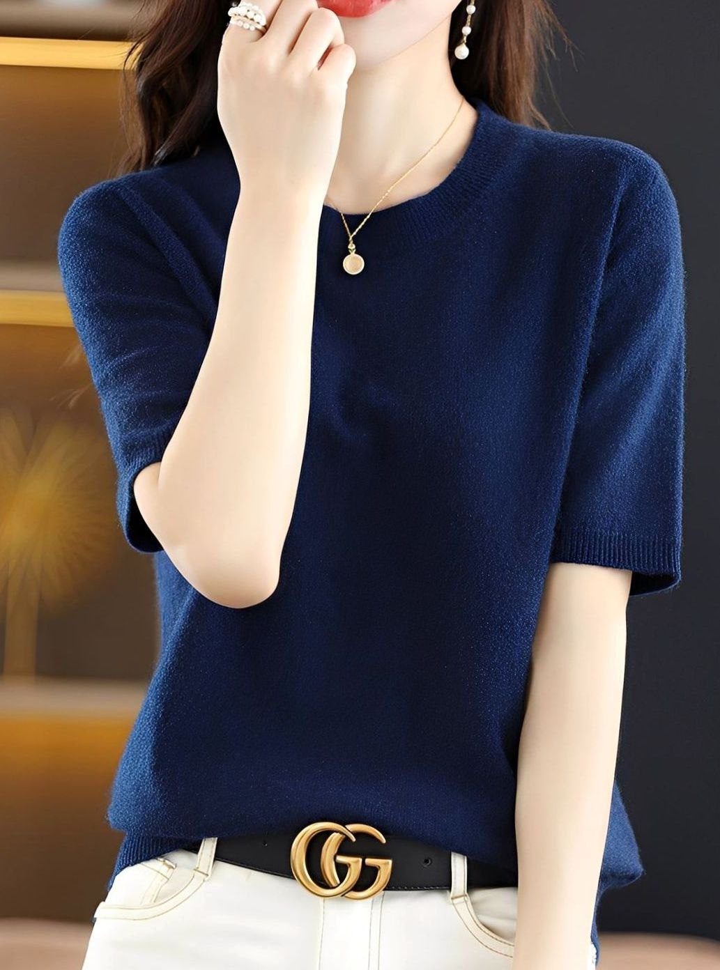 Women's Short-Sleeve Crewneck Knit Sweater - Navy Blue
