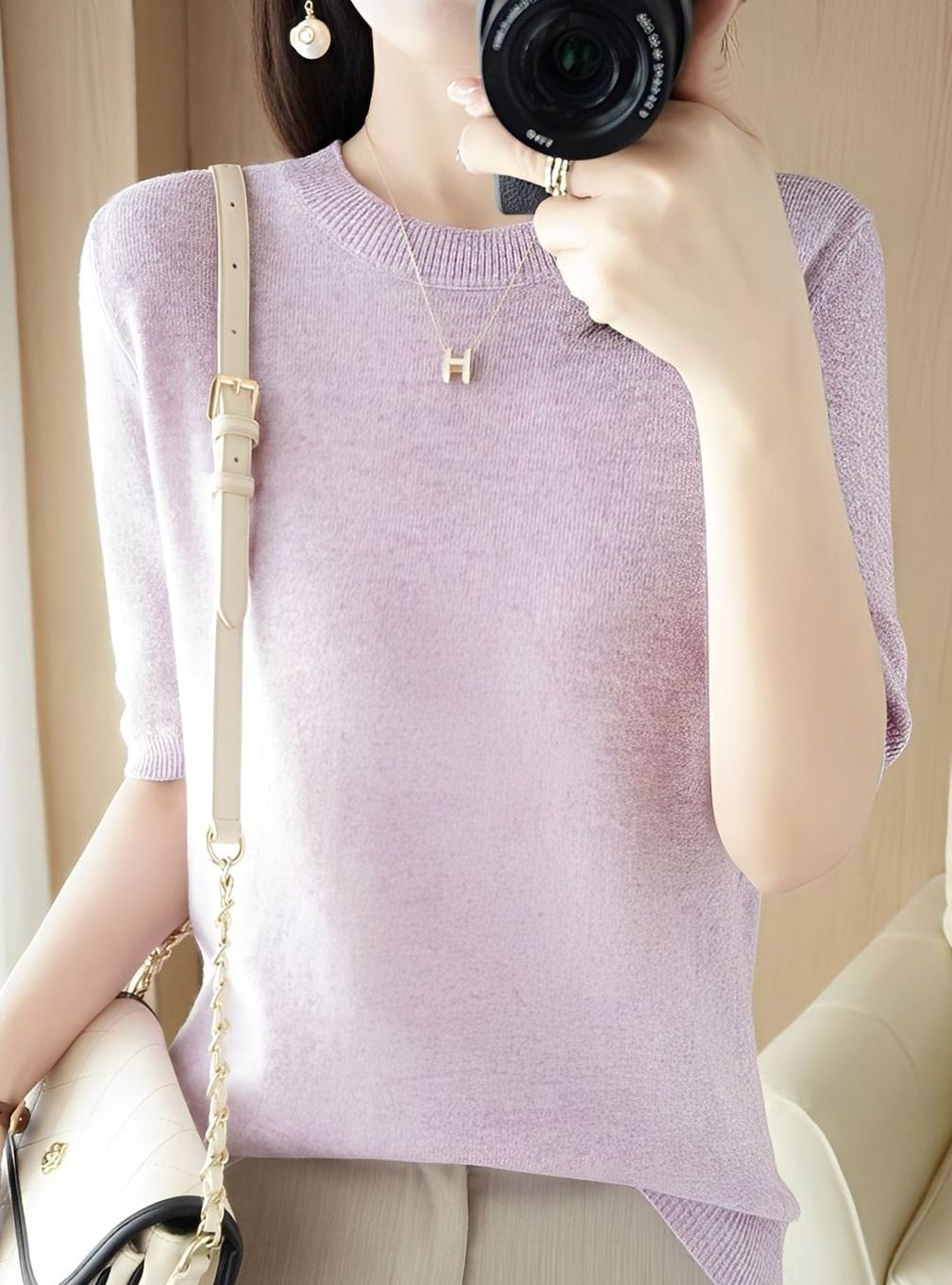 Women's Short-Sleeve Crewneck Knit Sweater - Light Purple