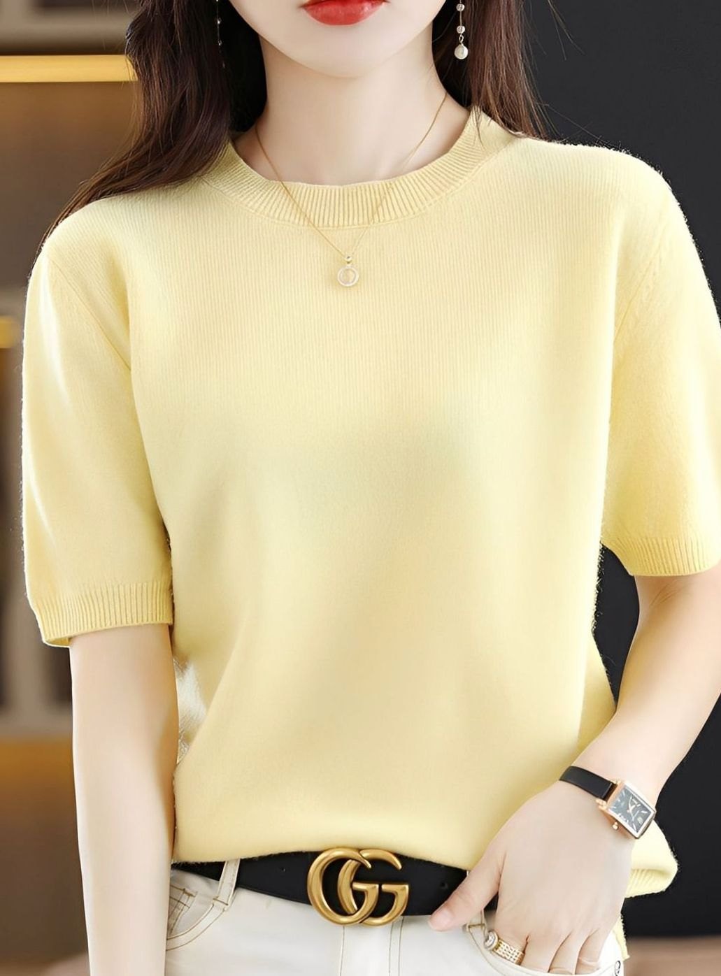 Women's Short-Sleeve Crewneck Knit Sweater - Light Yellow