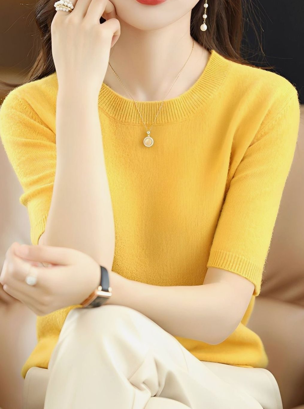 Women's Short-Sleeve Crewneck Knit Sweater - Yellow