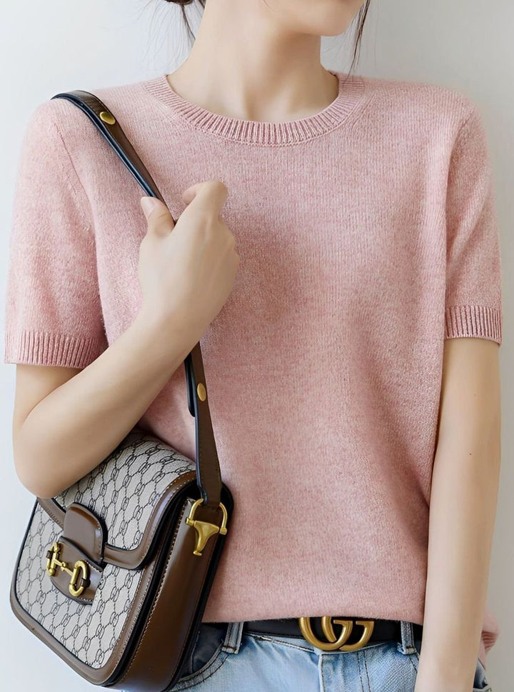 Women's Short-Sleeve Crewneck Knit Sweater - Light Pink