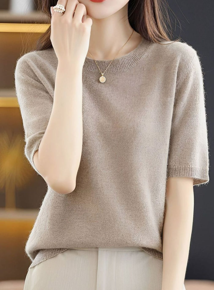 Women's Short-Sleeve Crewneck Knit Sweater - Beige