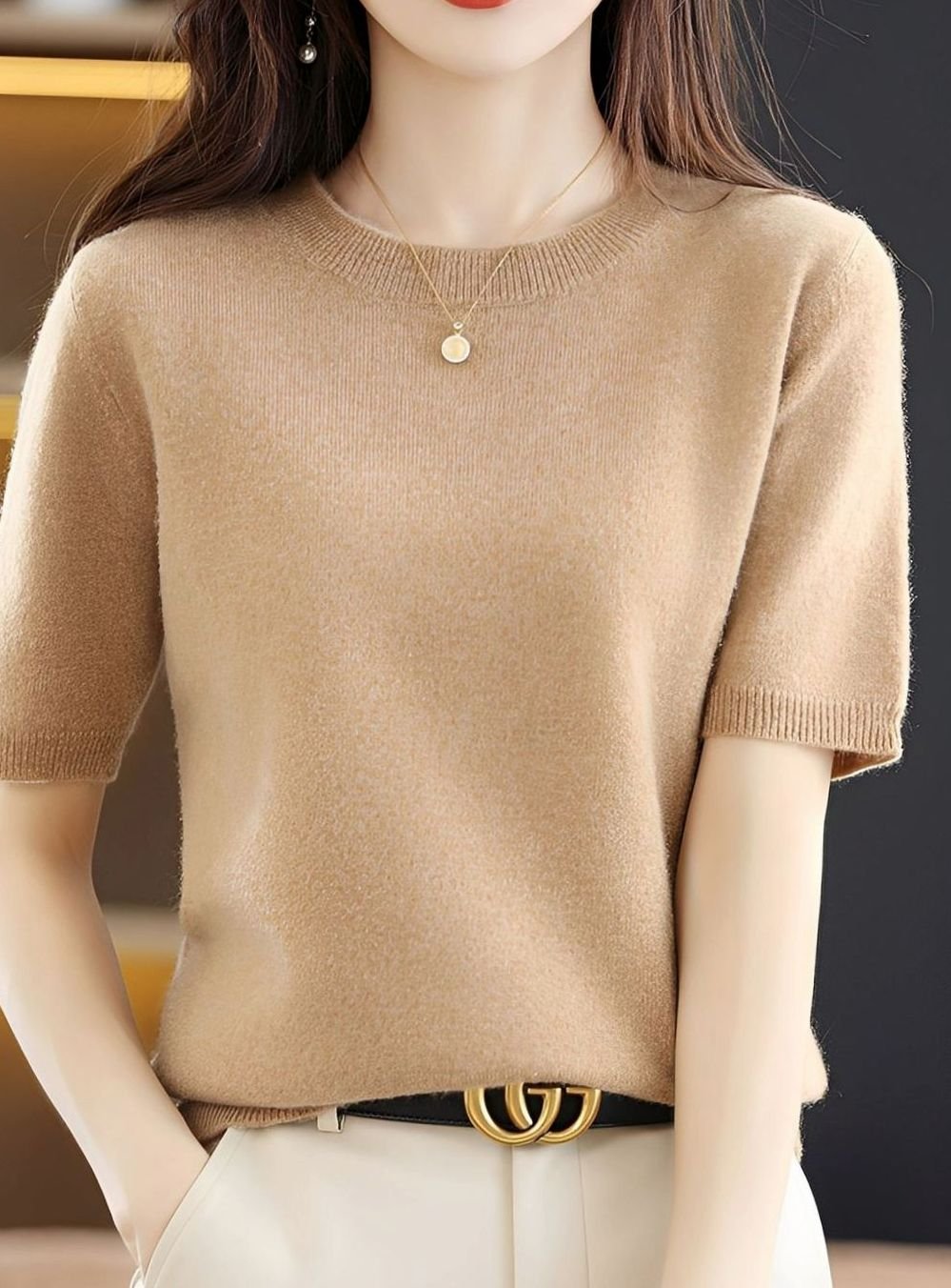 Women's Short-Sleeve Crewneck Knit Sweater - Light Brown