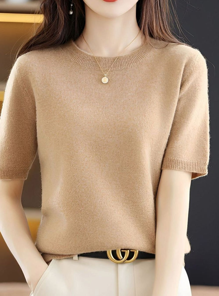 Women's Short-Sleeve Crewneck Knit Sweater - Light Brown
