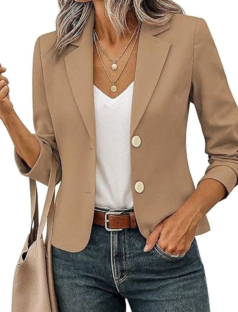 Women's Short Tailored Blazer 3/4 Sleeve Decorative Button Jacket - Apricot