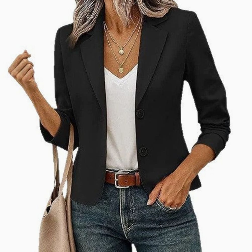Women's Short Tailored Blazer 3/4 Sleeve Decorative Button Jacket