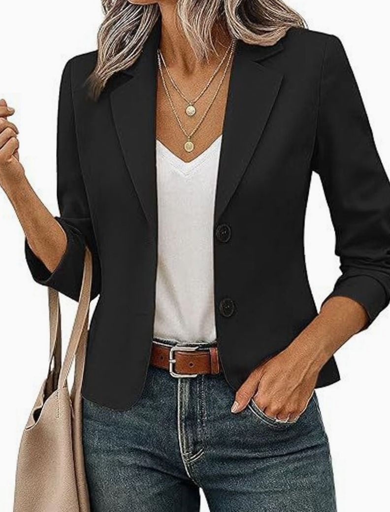 Women's Short Tailored Blazer 3/4 Sleeve Decorative Button Jacket - Black