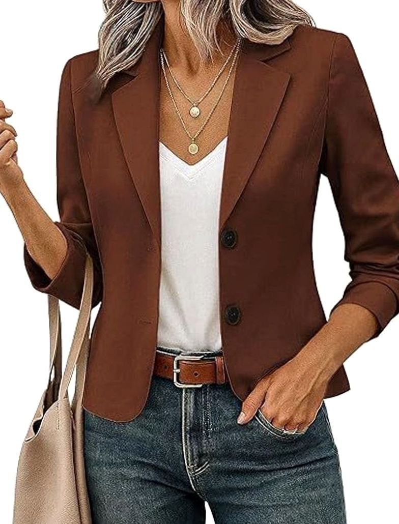 Women's Short Tailored Blazer 3/4 Sleeve Decorative Button Jacket - Dark Brown