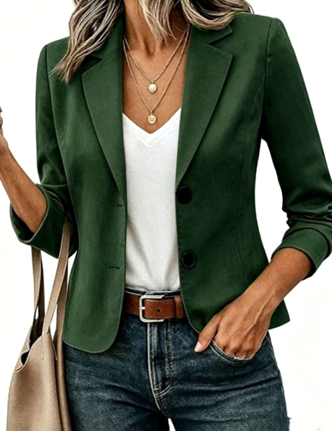 Women's Short Tailored Blazer 3/4 Sleeve Decorative Button Jacket - Olive Green