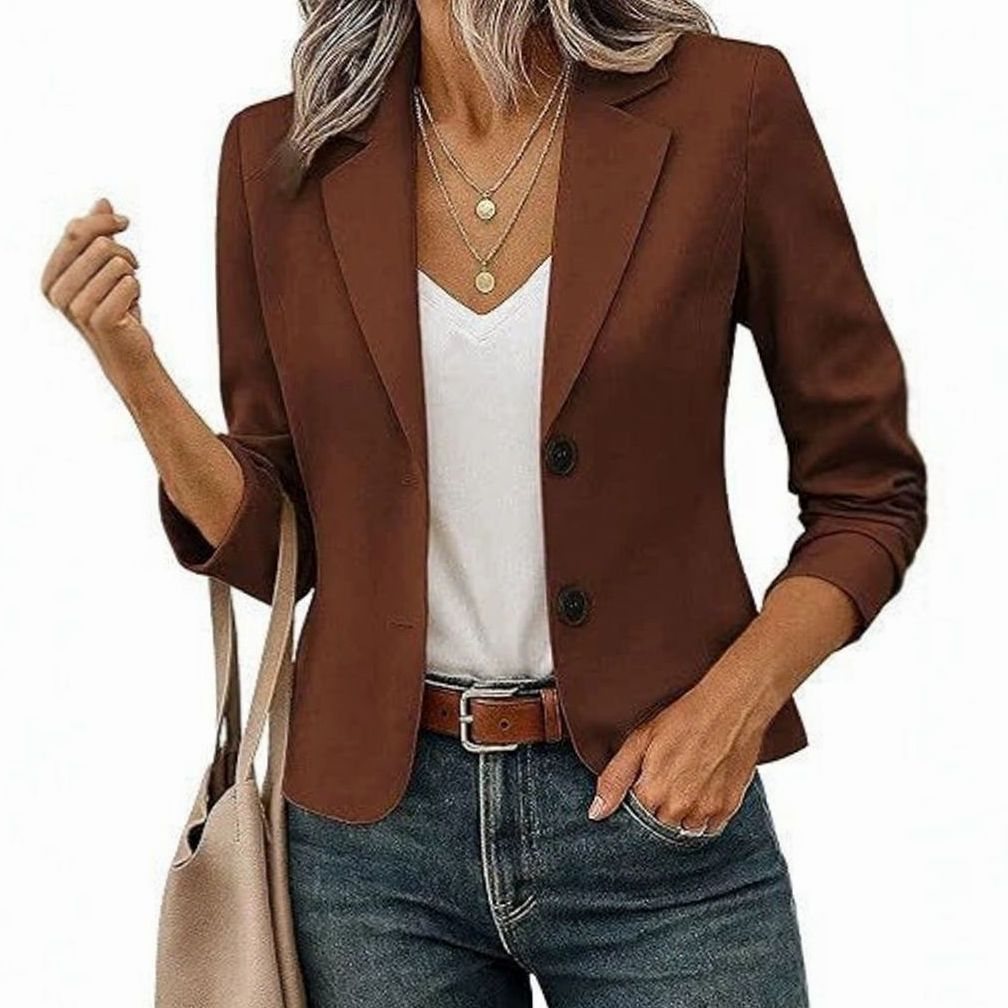 Women's Short Tailored Blazer 3/4 Sleeve Decorative Button Jacket