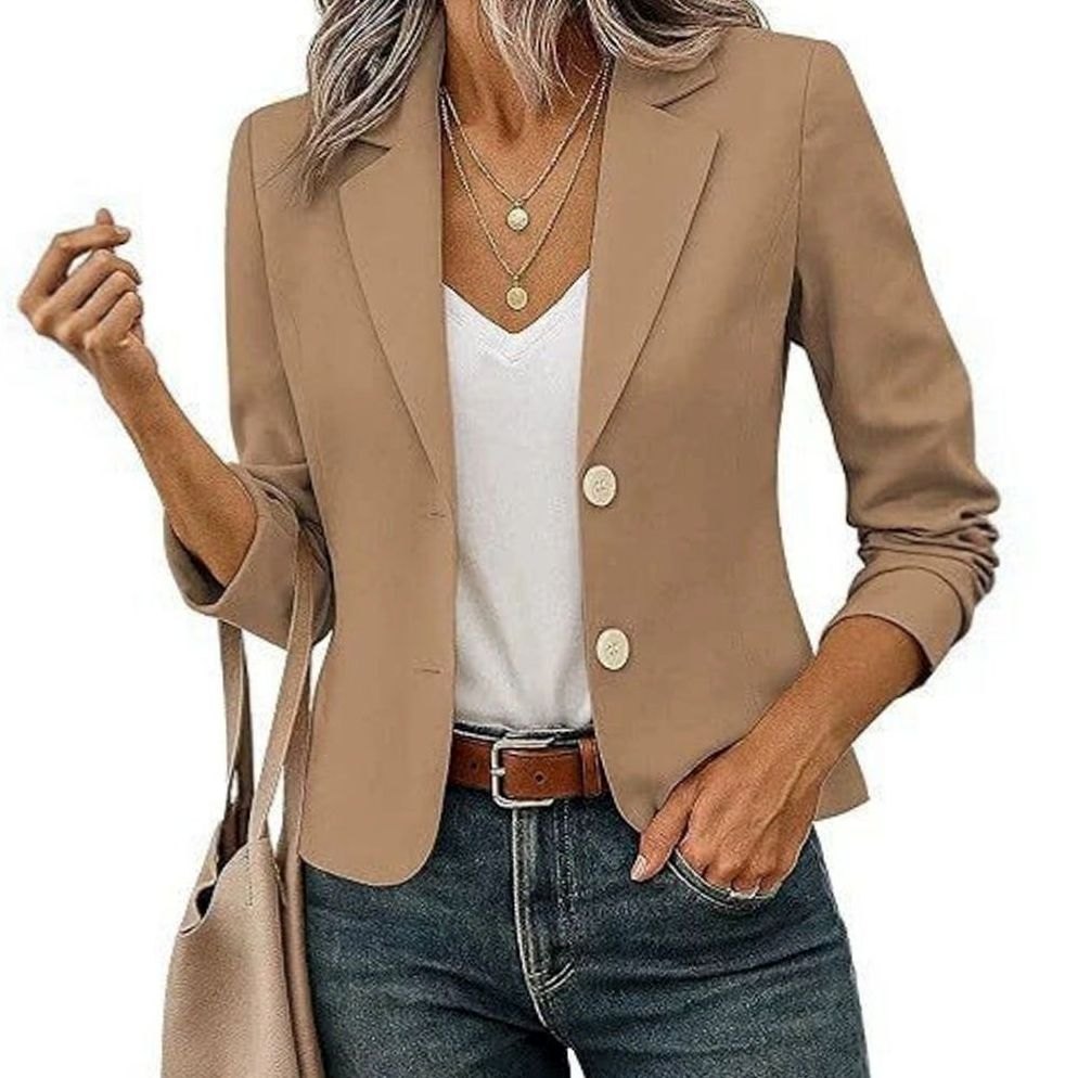 Women's Short Tailored Blazer 3/4 Sleeve Decorative Button Jacket