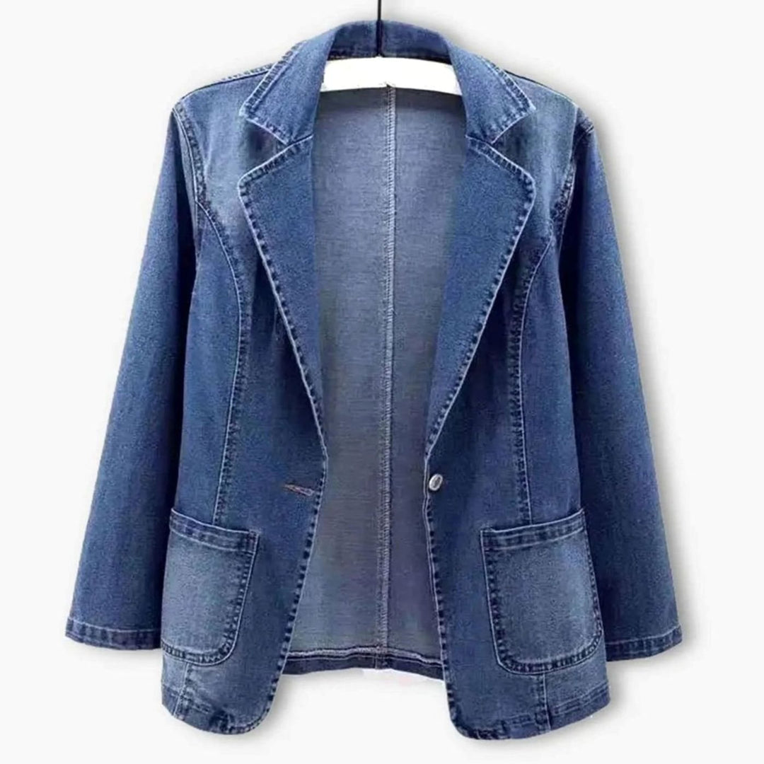 Women's Single-Button Notch-Lapel Denim Blazer Jacket - Blue