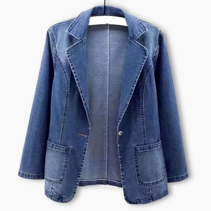 Women's Single-Button Notch-Lapel Denim Blazer Jacket - Blue