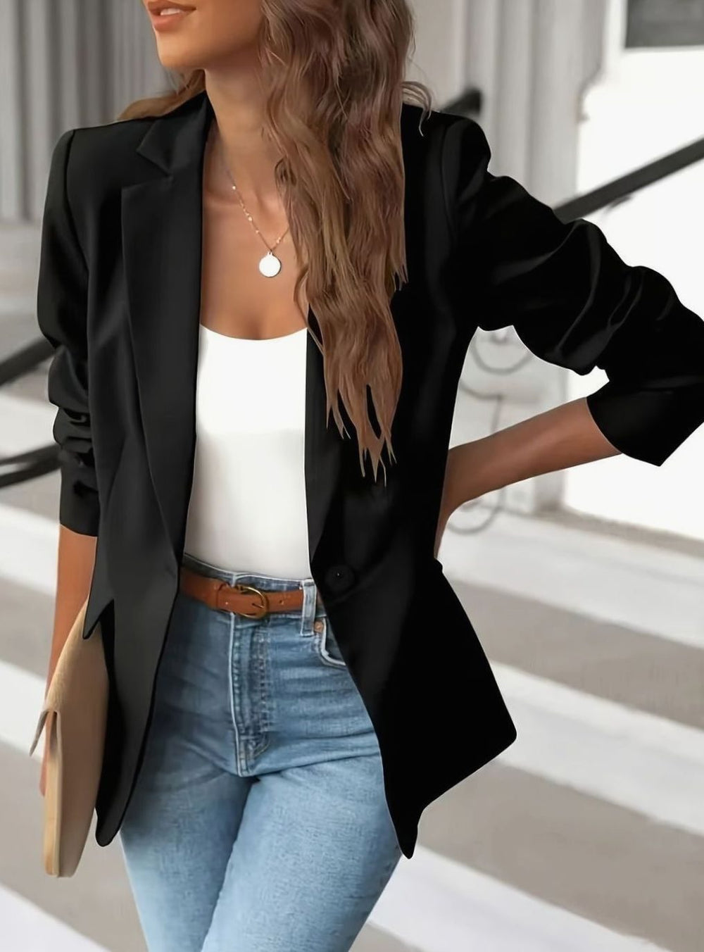 Women's Single-Button Notch-Lapel Ruched-Sleeve Blazer - Black