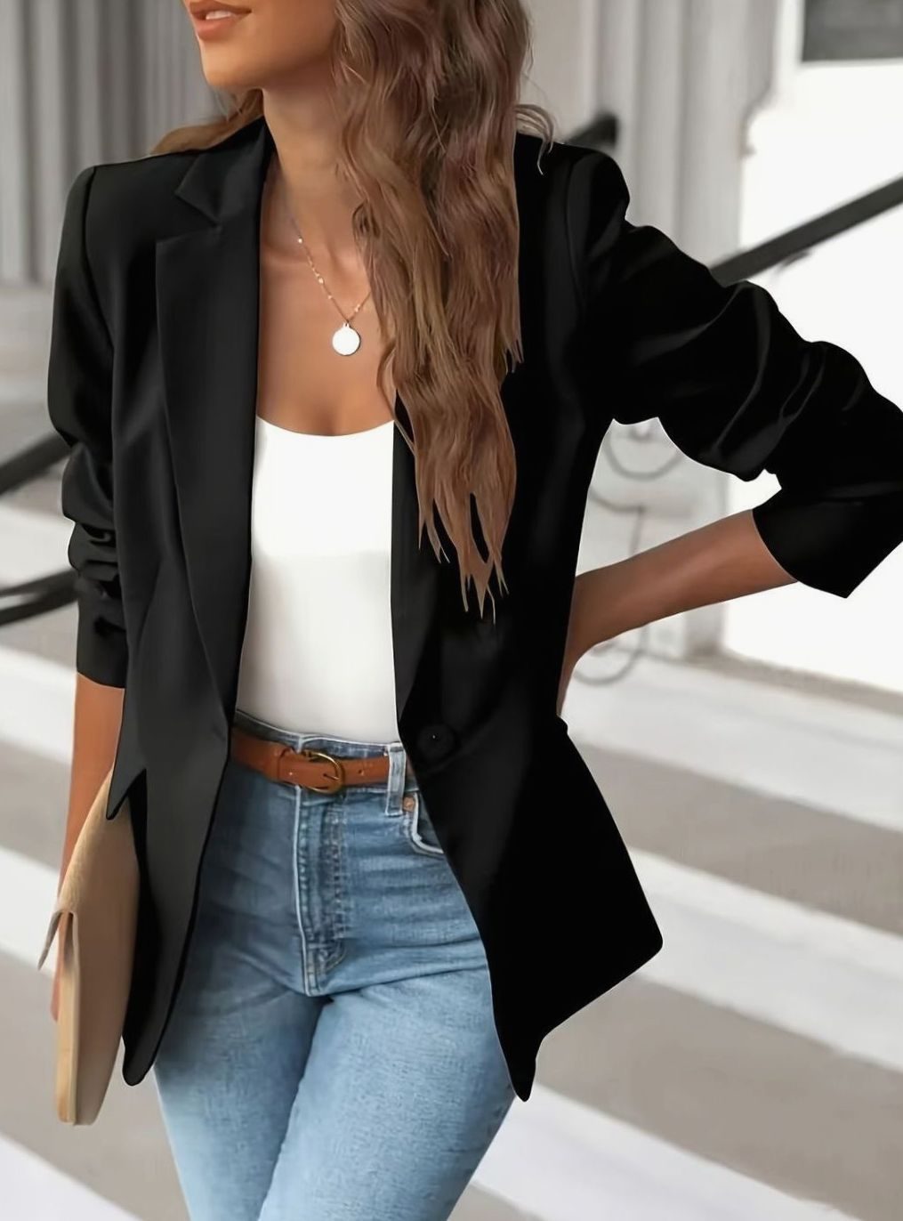 Women's Single-Button Notch-Lapel Ruched-Sleeve Blazer - Black