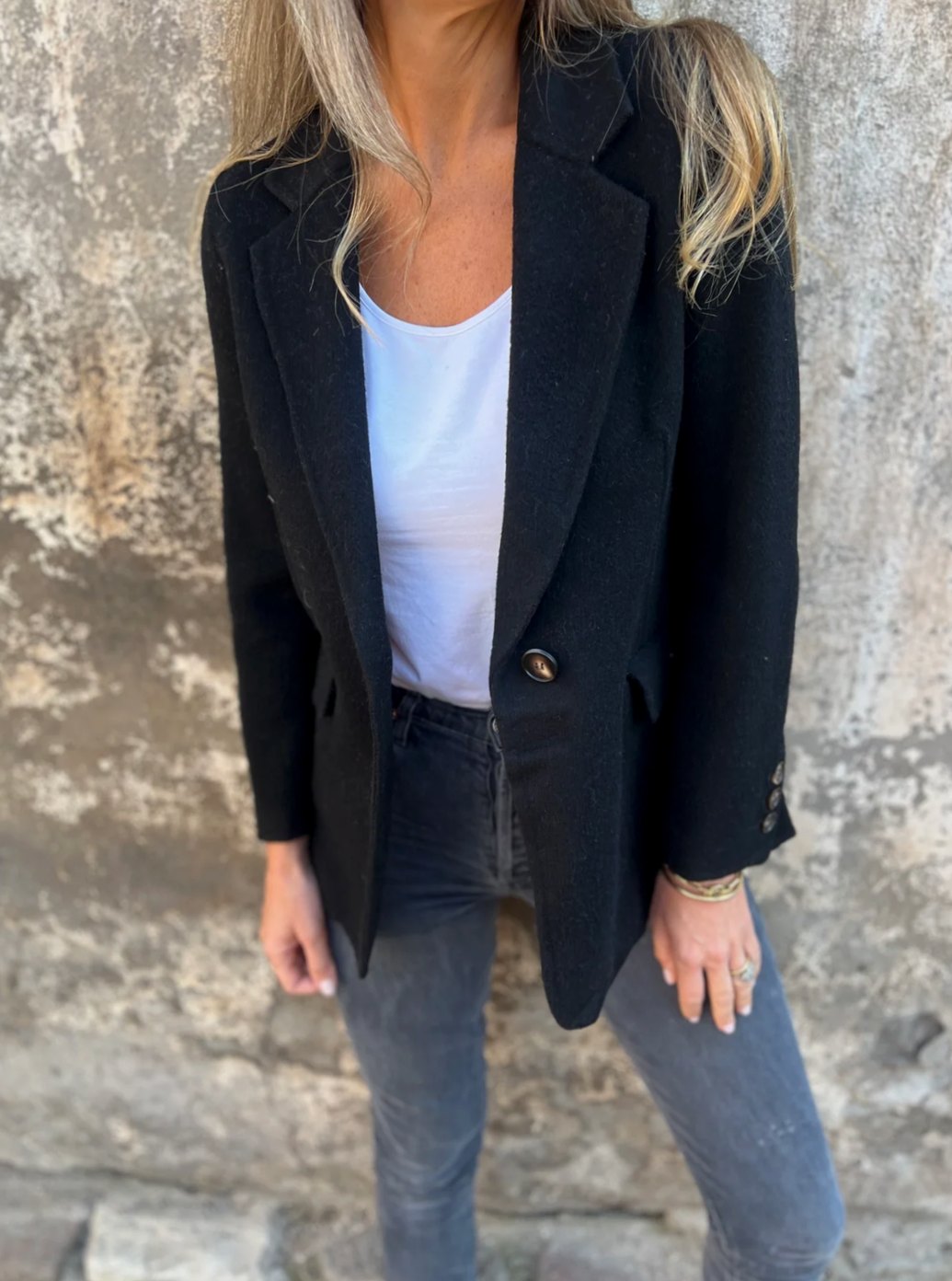 Women's Single-Button Notch-Lapel Wool-Blend Blazer - Black