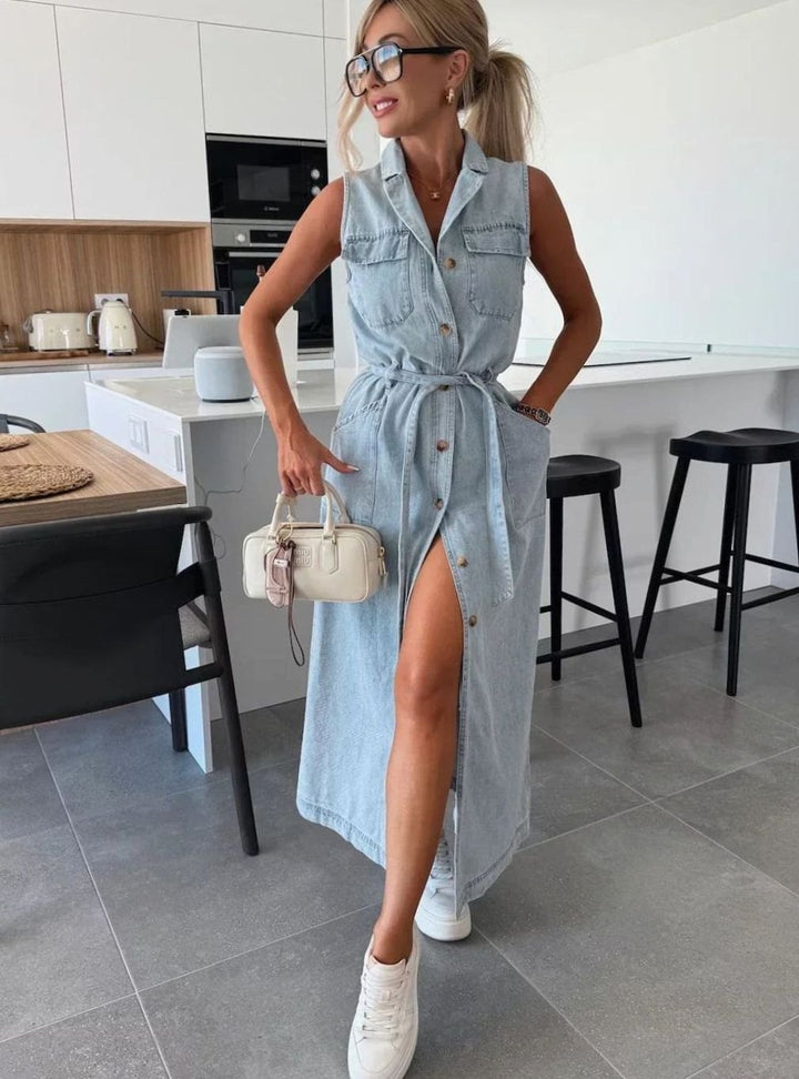 Women's Sleeveless Belted Denim Midi Dress Front Slit, Light Blue - Light Blue