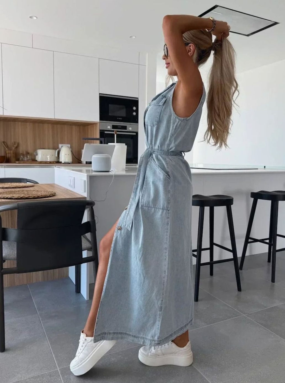 Women's Sleeveless Belted Denim Midi Dress Front Slit, Light Blue