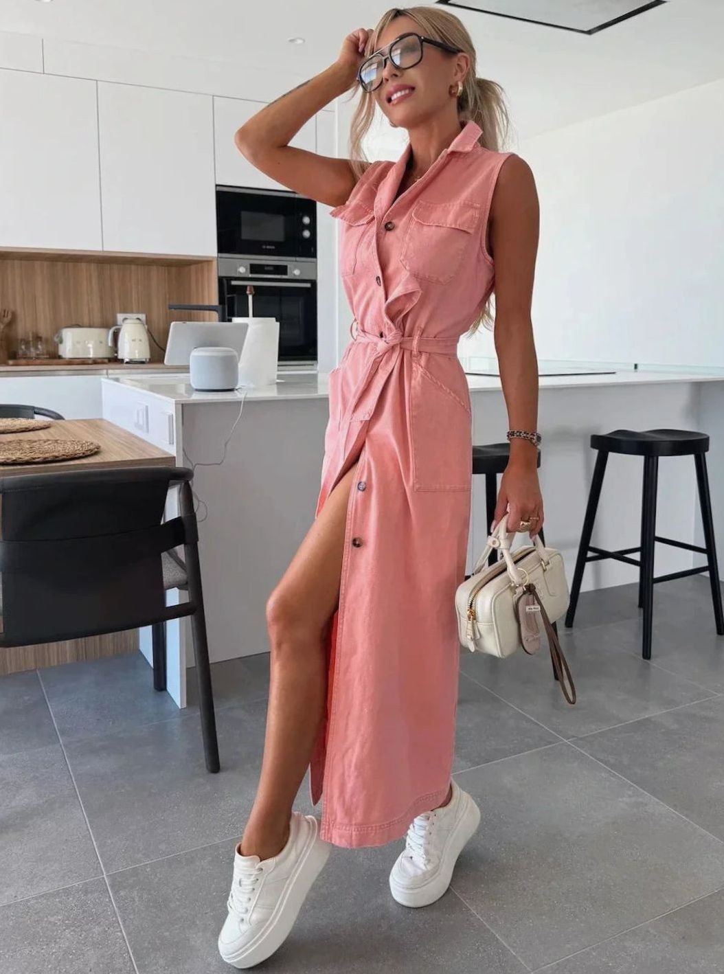 Women's Sleeveless Belted Denim Midi Dress Front Slit, Light Blue