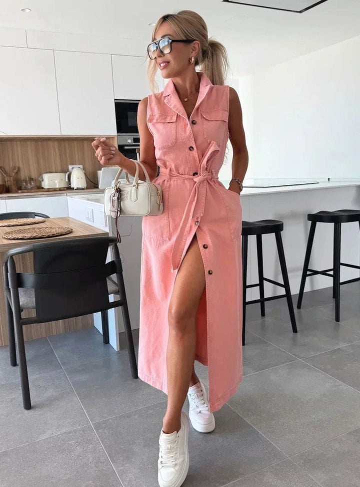 Women's Sleeveless Belted Denim Midi Dress Front Slit, Light Blue - Pink