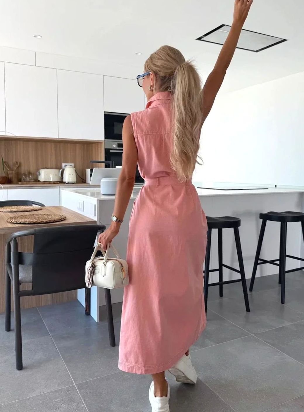 Women's Sleeveless Belted Denim Midi Dress Front Slit, Light Blue