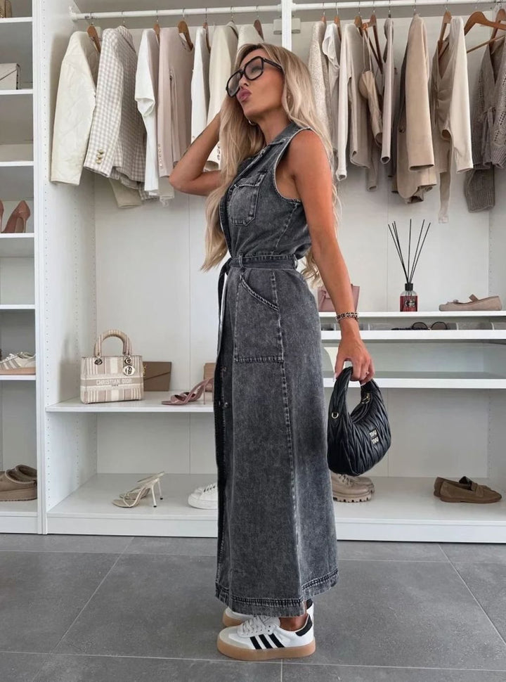 Women's Sleeveless Belted Denim Midi Dress Front Slit, Light Blue