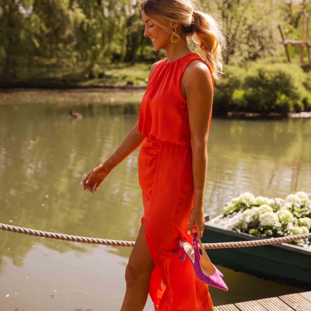 Women's Sleeveless Halter-Neck Midi Dress Front Slit